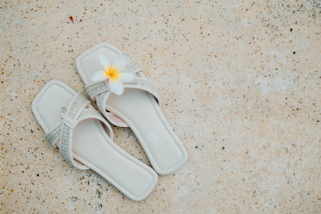 A pair of white flat sandals with a single Frangipani flower on the toe strap placed on the Terrazzo floorの写真素材