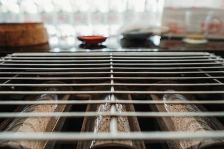 Smokeless gas roaster made of stainless steel with bokeh background