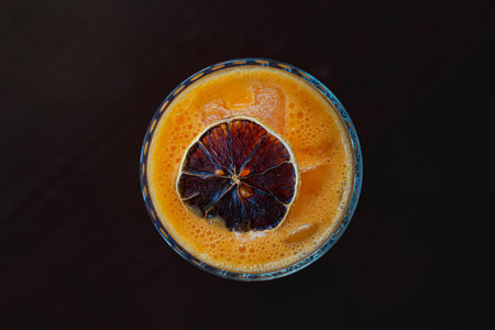 Flat lay photo of a cocktail with dehydrated slice on a tableの写真素材