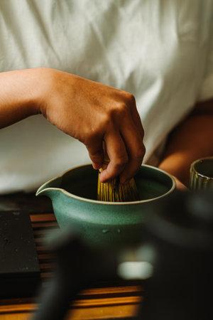 Hands whisking hojicha in a serene indoor setting, the calming ritual of authentic tea preparation.