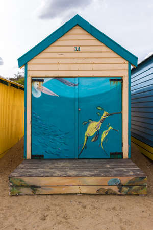 Colourful bathing boxes on the beach, in Brighton, Australia.のeditorial素材