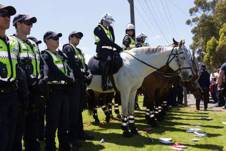 MELTON, VICTORIA/AUSTRALIA - NOVEMBER 2015: Anti Racism protesters violently clashed with reclaim australia groups rallying agsint Mulsim immigration.のeditorial素材