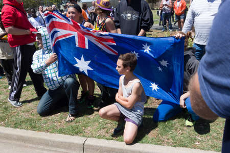 MELTON, VICTORIA/AUSTRALIA - NOVEMBER 2015: Anti Racism protesters violently clashed with reclaim australia groups rallying agsint Mulsim immigration.のeditorial素材
