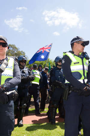 MELTON, VICTORIA/AUSTRALIA - NOVEMBER 2015: Anti Racism protesters violently clashed with reclaim australia groups rallying agsint Mulsim immigration.のeditorial素材