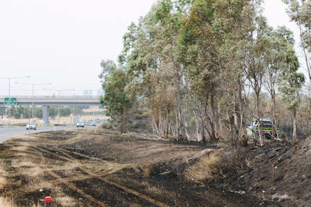 EPPING, AUSTRALIA - 20 DECEMBER 2015: A day after fires swept through Epping in Melbourne, CFA Fire Crews patrol the area for spot fires as Melbourne Suffered it's hottest day in December hitting 45 degrees C.のeditorial素材