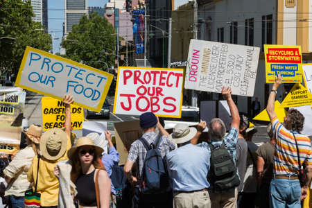 MELBOURNE/AUSTRALIA - FEBRUARY 9: Anti CSG protesters gather outside Parliament house in Melbourne to rally against Coal Seam Gas mining on February 9 - coinciding with the opening of Parliament.のeditorial素材