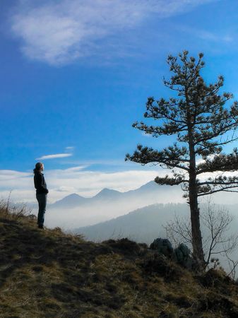 A girl in the top of the mountain watching the horizon. Picture was made on Tampa-Brasov, into a beautiful morningの写真素材