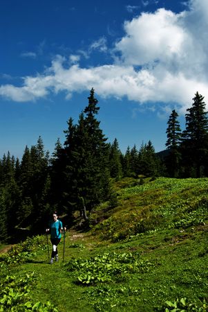 Lonely hiker traveling in Fagaras mountainsの写真素材