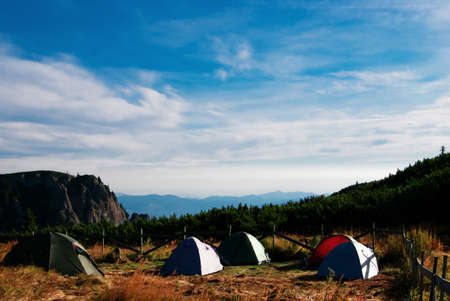 Some tents lied in a dedicated camping place into Ceahlau mountains.の写真素材