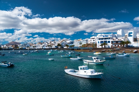 Fisher boats at the laguna Charco de San Gines, city of Arrecife, Lanzarote, Canary Islandsの写真素材
