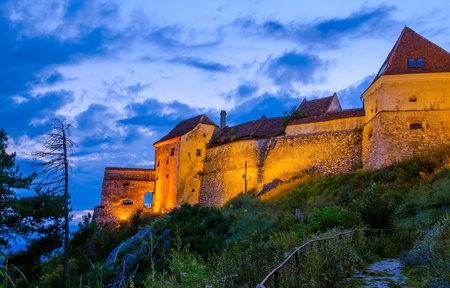 Night-view of a medieval fortress in Transylvaniaの写真素材