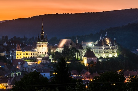 Night view of Sighisoara, Romania after the sunsetの写真素材