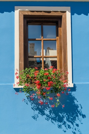 Decorative vintage window on the facade of a building in Sighisoara, Transylvania,Romaniaの写真素材