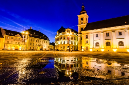 Sibiu town square at blue hour Sibiu is one of the most important cultural centers of Romania and was the European Capital of Culture in 2007の写真素材