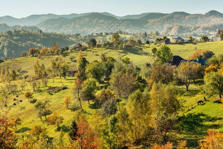 Countryside landscape in a romanian villlage at the food of Piatra Craiului Mountains.の写真素材