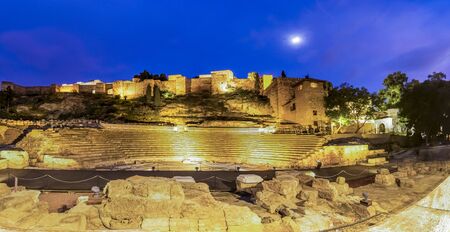 Night view of the Alcazaba fortress and the Roman theatre in Malaga, Spainのeditorial素材