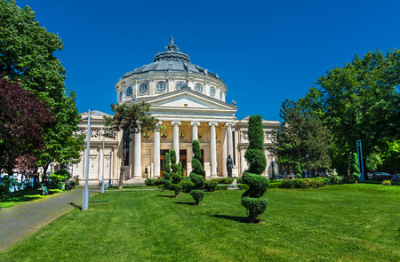 The Romanian Atheneum, a concert hall in the center of Bucharest. Opened in 1888, the ornate, domed, circular building is the city's main concert hall and home of the George Enescu Philharmonicのeditorial素材