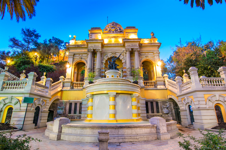 Chile, Santiago night view Neptune Fountain,Santa Lucia Hillのeditorial素材