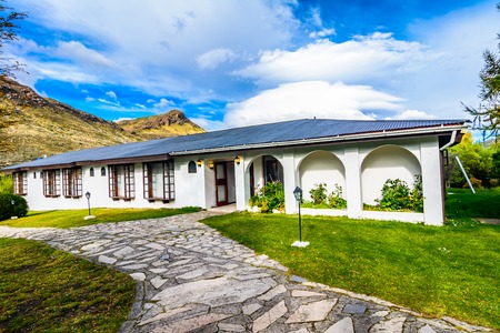 Pehoe lake, Patagonia, Chile - 18 April 2017 : Hosteria Pehoe on the Pehoe Lake, Southern Patagonian Ice Field, Magellanes Region of South Americaのeditorial素材