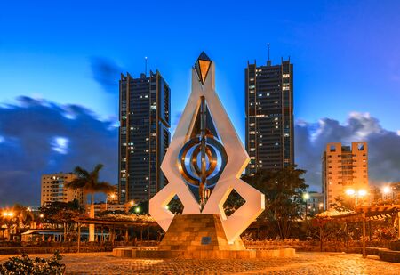 Santa Cruz de Tenerife, Canary Islands, Spain - February 20, 2018: Night view of Torres de Spain and Wind Chime Sculpture by Cesar Manriqueのeditorial素材