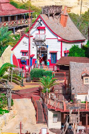 Mellieha, Malta - 28 December 2014: Popeye Village. Popeye Village was used as the set for Robert Altmans movie Popeye and is now in use as an amusement parのeditorial素材