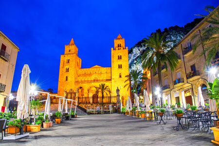 Cefalu, Sicily, Italy: Night view of the town square with The Cathedral or Basilica of Cefalu, Duomo di Cefalu, a Roman Catholic church built in the Norman styleの写真素材