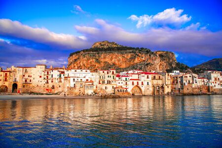 Cefalu, Sicily, Italy: Ligurian Sea and medieval city Cefalu.Province of Palermo, Italy.の写真素材