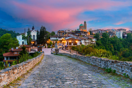 Veliko Tarnovo, Bulgaria: Tsarevets old town in historical city Veliko Tarnovo, former bulgarian capital, at sunset, Europeの写真素材
