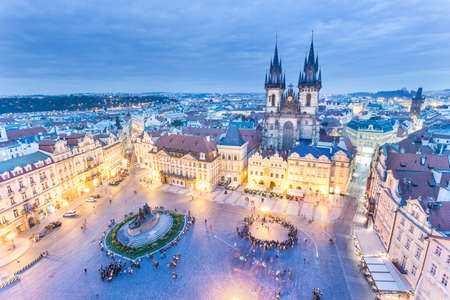 Panoramic view to Tyn church and Jan Hus memorial on the old town square in the evening Pragueの写真素材