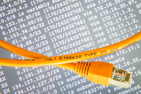 Orange internet cable on gray background with ip addressesの写真素材