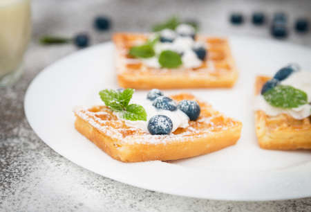 Waffles with whipped cream and blueberriesの写真素材