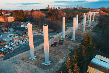 Concrete supports for the new bridge during construction from aboveの写真素材