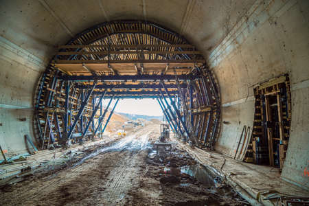 Building of new railway tunnel "Deborec". Railway corridor construction, working platform with formwork in the end of tunnel.の写真素材