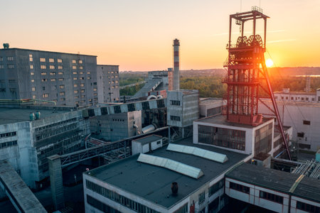 Underground black coal mine from drone during sunrise. View on the plant with mining tower.の写真素材
