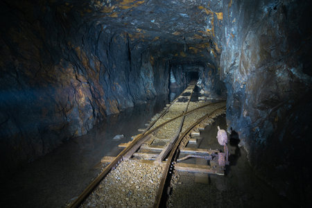 Railway switch in flooded abandoned graphite mineの写真素材