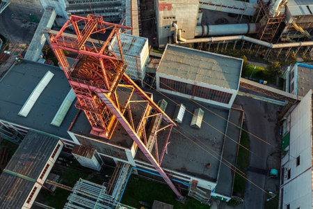 Mining tower of underground black coal mine from droneの写真素材