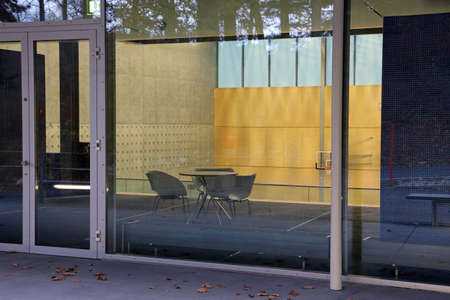 building interior view through a transparent facade
