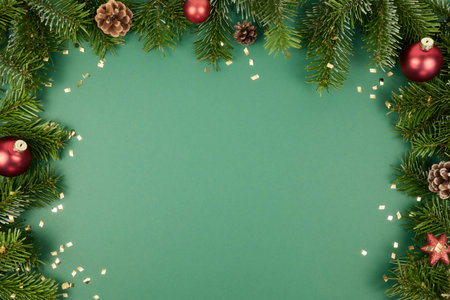 green chirstmas background with fir tree and golden glitter gift ribbon bandの写真素材
