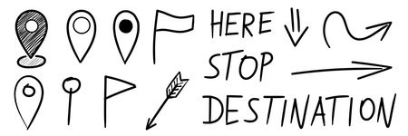 illustration: hand-drawn location pin collection isolated on whiteの写真素材