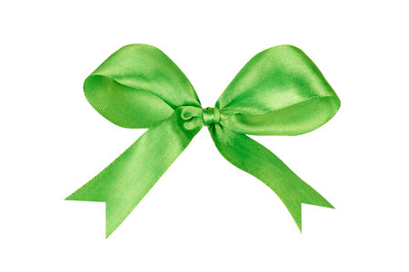 green silk ribbon bow isolated on whiteの写真素材