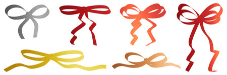 set of hand-drawn red and gold ribbon bows isolated on whiteの写真素材