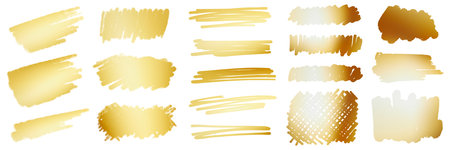 illustration: set of various gold hand-drawn scribbles in doodle style isolated on whiteの写真素材