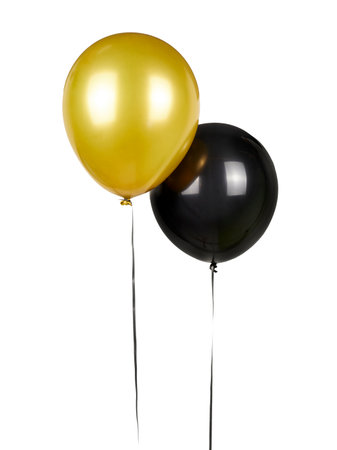 black and gold balloons cluster on strings isolated on whiteの写真素材