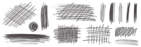 set of hand drawn pencil stroke textures isolated on whiteの写真素材