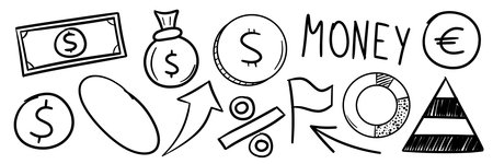 illustration: hand-drawn money and business icons in doodle style isolated on whiteの写真素材