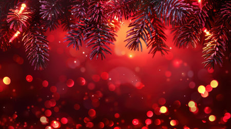 red christmas background with bright bokeh light and fir tree branchesの素材