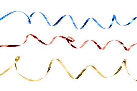 blue, red and gold set of gift ribbon isolated on whiteの写真素材