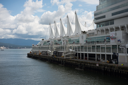 VANCOUVER CANADA JUNE 09 2017, The Canada Place building, containing a convention center, hotel, and Vancouver's Wold Trade Center. Also functions as a cruise ship terminal. Located on the Burrard Inlet waterfront.のeditorial素材