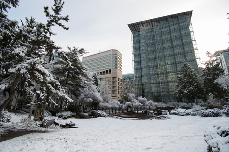 PORTLAND, OREGON, FEBRUARY 21 2018: Terry Schrunk Plaza covered in snow in the morning.のeditorial素材