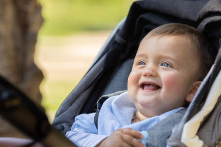 A little boy spendig time in a park in Spain, seated in his baby carriage. he is observing the natural surroundings and enjoying the place. It's a sunny day. He is caucasian and he has blue eyes.の写真素材